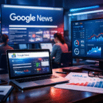 SEO specialist analyzing Google News approval dashboard, charts showing ranking growth, laptop screen with news articles, modern office setup, professional lighting, high detail, 16:9