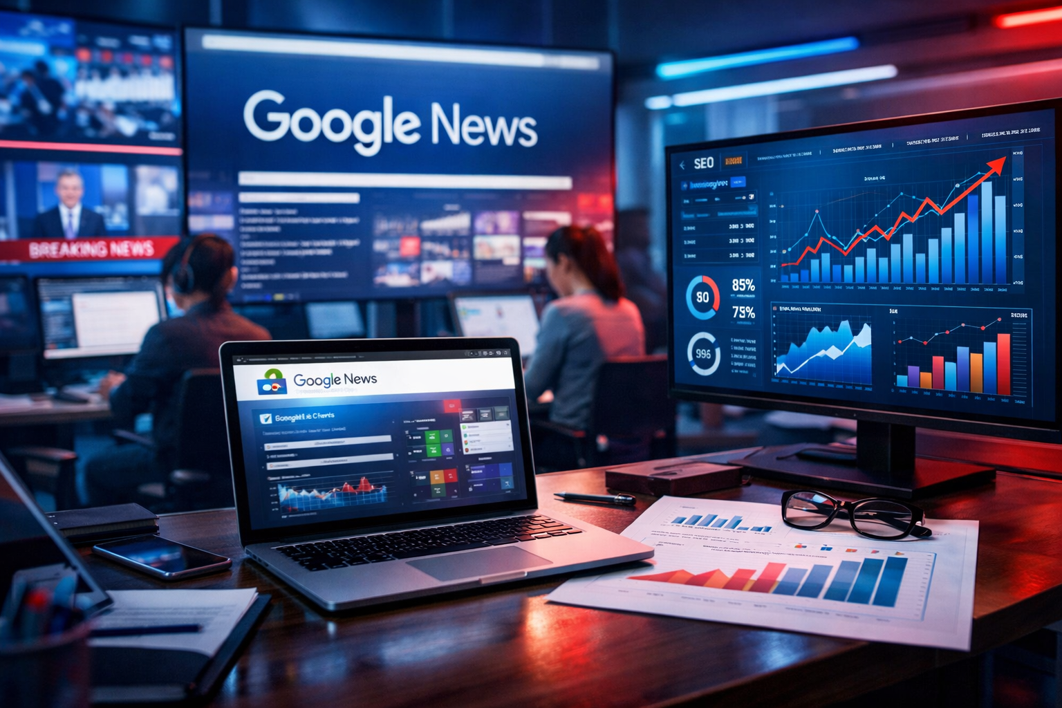 SEO specialist analyzing Google News approval dashboard, charts showing ranking growth, laptop screen with news articles, modern office setup, professional lighting, high detail, 16:9